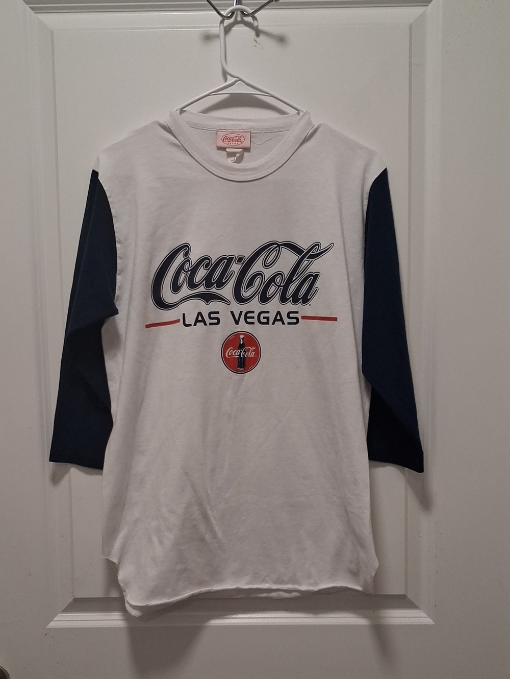 Vintage Coca Cola White Tee with Navy 3/4 Sleeves Las Vegas Logo